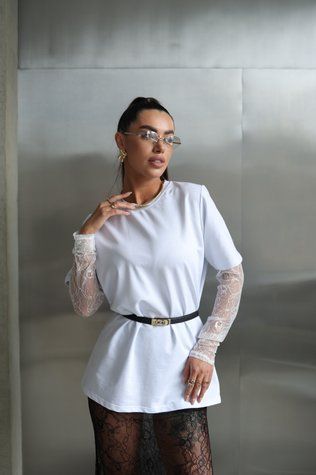 Футболка з мереживними рукавами Top lace DUSHA MOD біла S 007_white_S фото